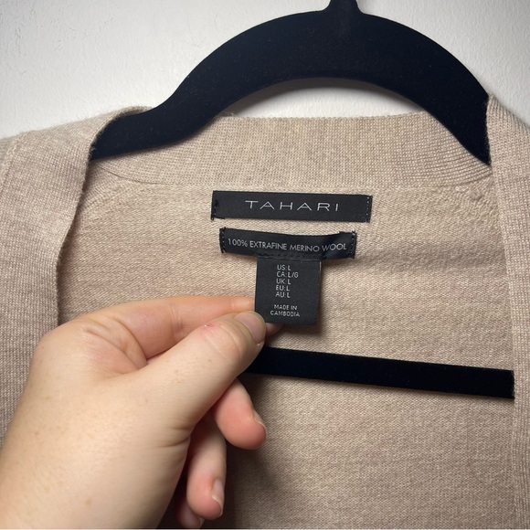 Tahari Women’s Beige Open Front Cardigan Sweater L 100% Extrafine Merino Wool - Picture 7 of 7